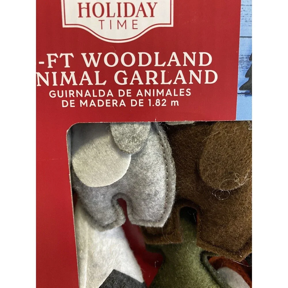 Holiday Time Woodland Animal Garland Plush Felt Fox Tree Racoon Bear 6 Ft Length